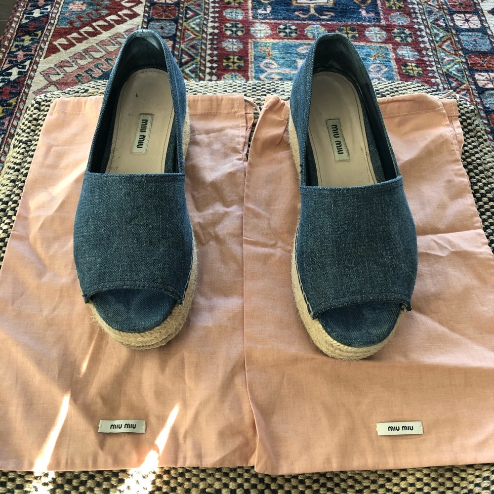 Miu Miu Denim platform wedges, size 38.5.
